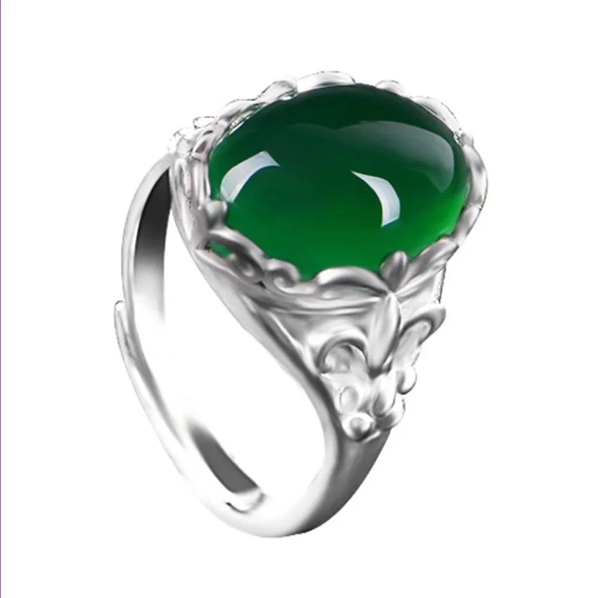 Silver Plated Dekorativni Vzorec Ovalne Oblike Zelena Agates Raztegljivo Prst Prstan za Ženske, Nakit