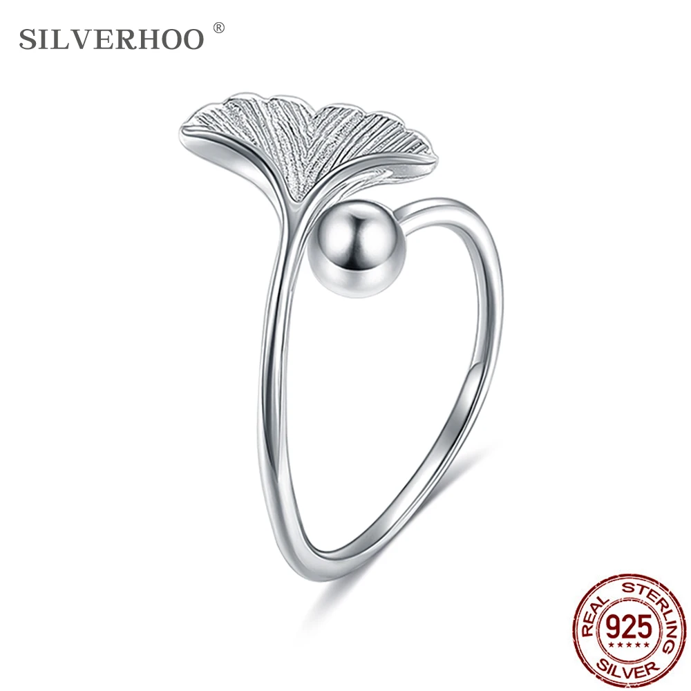 SILVERHOO 925 Sterling Silver Obroči Za Ženske Minimalističen, Ginkgo Biloba & Okrogle Noge Odprite Nastavljiv Prst Prstan Fine Nakit