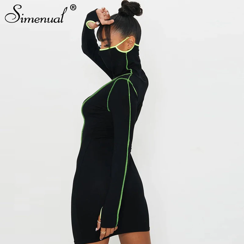 Simenual Turtleneck Mozaik Bodycon Obleke Z Dolgimi Rokavi Ženske Modne Črne Skinny Moda Mini Obleka Z Masko 2021 Jeseni