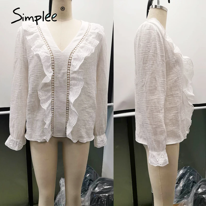 Simplee Proti-vrat belo bluzo ženske čipke Mozaik iz votlih počitnice vrhovi 2020 Dame, dolge puff rokav jeseni delu nositi bluzo