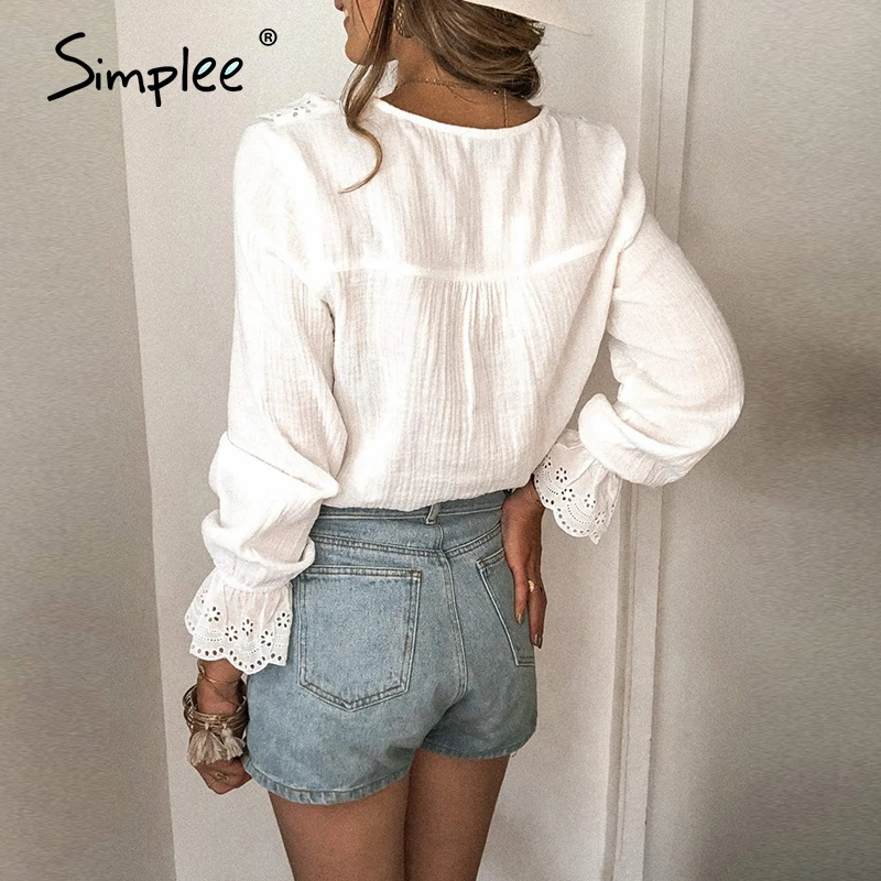 Simplee Proti-vrat belo bluzo ženske čipke Mozaik iz votlih počitnice vrhovi 2020 Dame, dolge puff rokav jeseni delu nositi bluzo