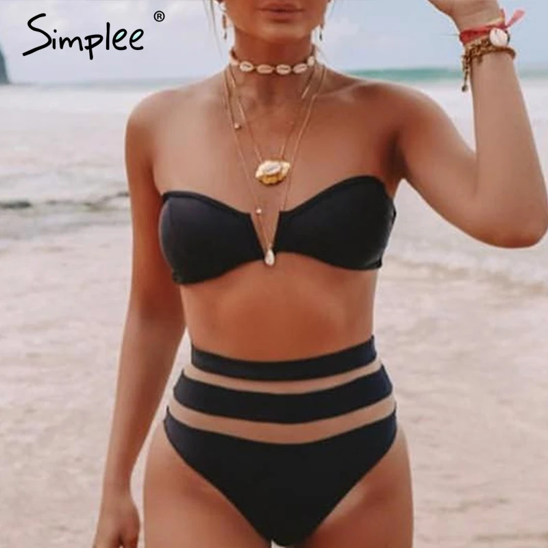 Simplee Seksi 2 kos plaži ženske bikini kopalke Visoko pasu očesa prugasta ženske kopalke Glej skozi črno bodycon kopalke 2019