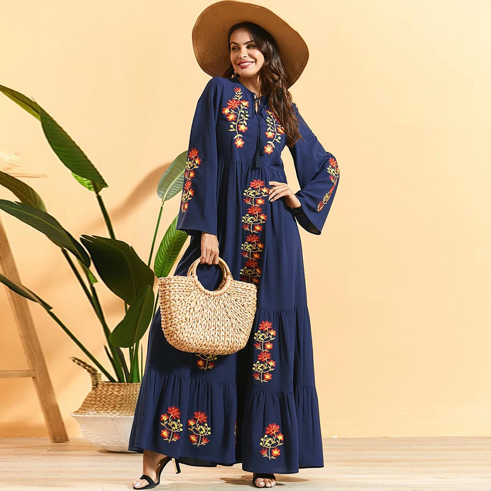Siskakia Bohemian Ženske dolga Obleka Elegantna Vezenino Multi-layer naguban Maxi Obleke z Dolgimi rokavi svoboden Arabsko Muslimanskih Robe