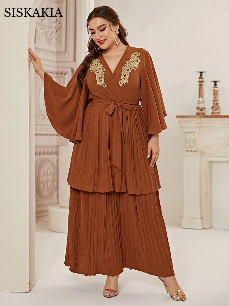 Siskakia Etnične Plus Velikost Maxi obleke za Ženske 2021Solid Naguban Zaviti V Vratu Ruffle Rokav arabski Oman Dubaj Turčija Abaya Obleko