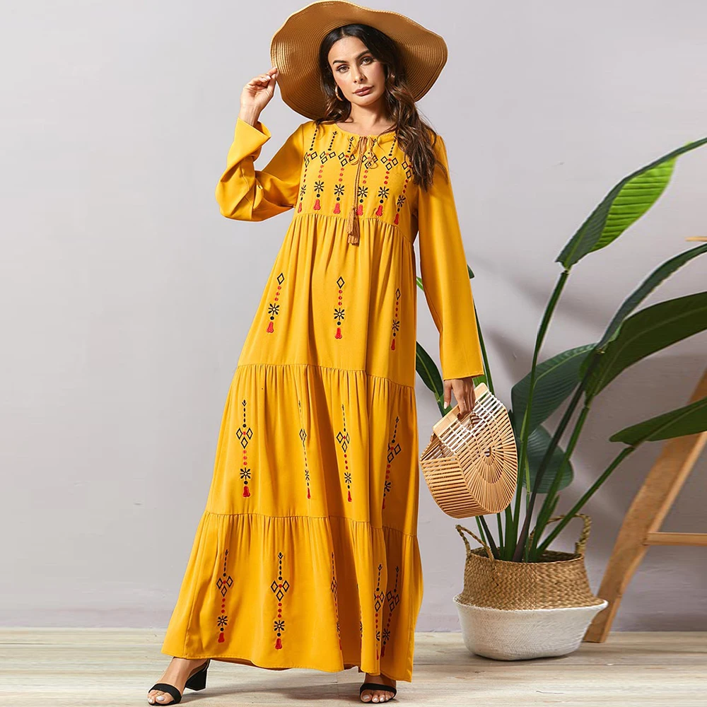 Siskakia Naguban Vezene Bohemian dolgo obleko Modne Arabsko Muslimanskih Žensk Maxi Haljo Obleko z Dolgimi Rokavi Swing Etnične Oblačila