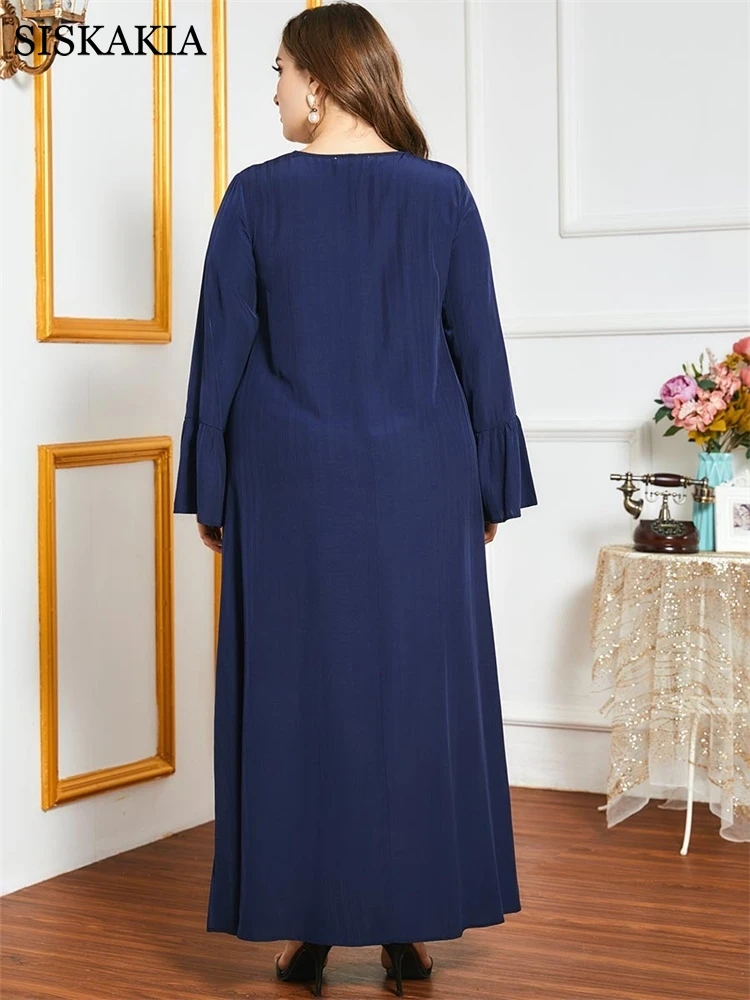 Siskakia Plus Velikost Maxi obleke za Ženske Jeseni Leta 2020 Elegantno Etnične Vezenje V Vratu Dolg Rokav arabsko Muslimanskih Oblačil, Mornarsko Modra