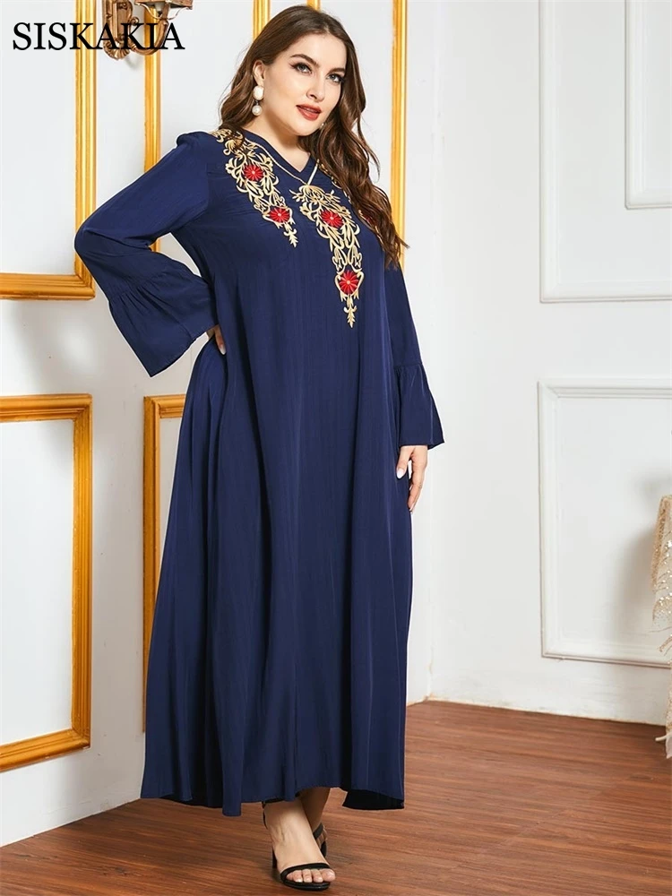 Siskakia Plus Velikost Maxi obleke za Ženske Jeseni Leta 2020 Elegantno Etnične Vezenje V Vratu Dolg Rokav arabsko Muslimanskih Oblačil, Mornarsko Modra
