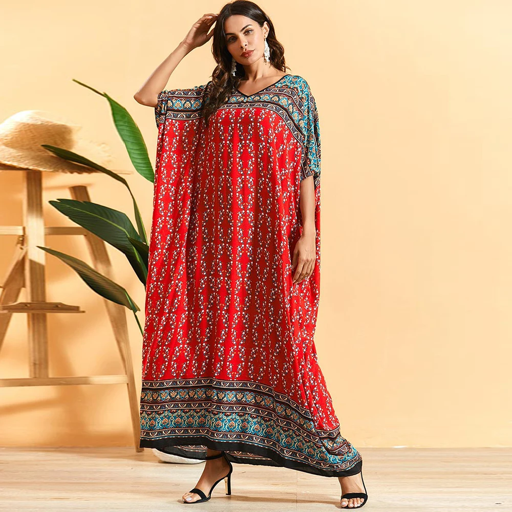 Siskakia Preveliko Obleko Za Ženske Modni Cvetlični Mozaik Batwing Rokav Maxi Jutranje Halje Plus Velikost Priložnostne Etnične Oblačila 2020