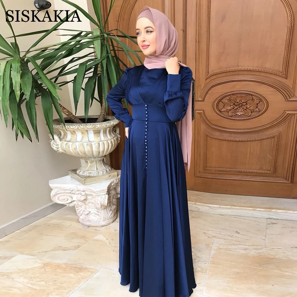 Siskakia Saten Hidžab oblačila za Ženske 2021 Novo Ramadana Eid Mubarak Elegantno Trdna Vitek Pas Swing arabski Turčija Muslimanskih Oblačil