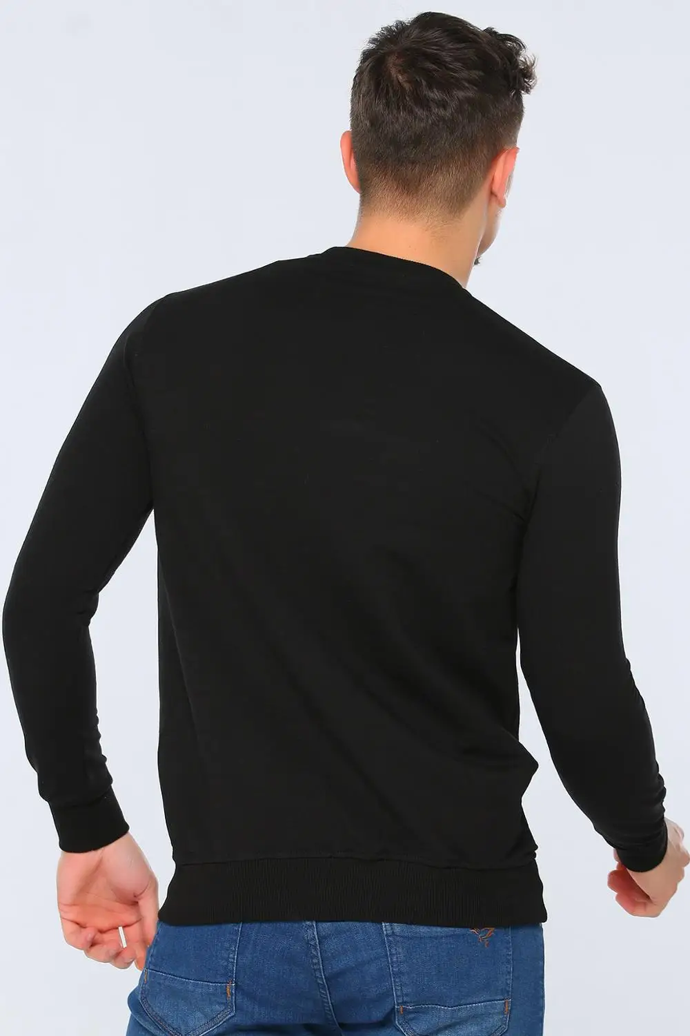 Siyah Bisiklet Yaka Uzun Kollu Ön Baskılı Erkek Majica Ilkbahar Sonbahar Kış Erkek Giyim Giysi Erkek hoodies