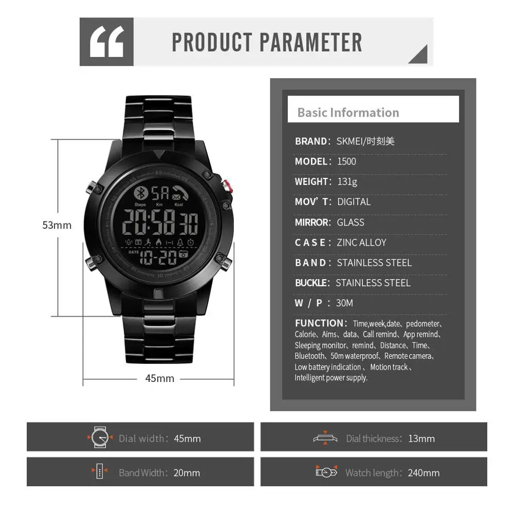 SKMEI Smart Bluetooth Digitalni Watch Moški Šport Nepremočljiva Kalorij Fitnes Ure Ure Človek ročno uro reloj inteligentni 1500