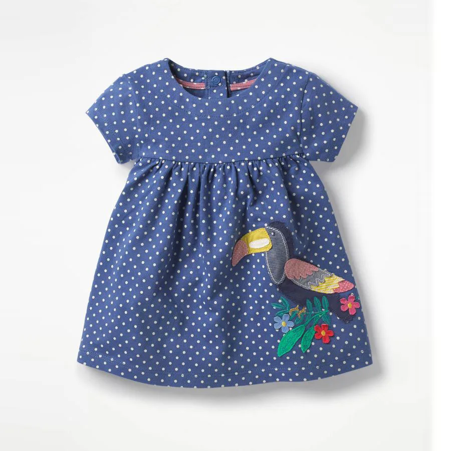 Skoki metrov vroče prodajo risanka obleke baby dekleta novo zasnovan poletnih oblačil, z aplicirano srčkan ptica vrh kakovosti obleko