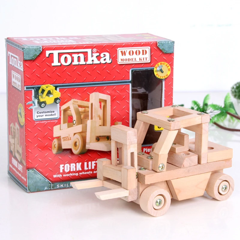 Skupina Demontaža Lesenih Gradbenih Igrače Sestavljeni Viličarja Model Izobraževalne Miniaturne Igrače DIY