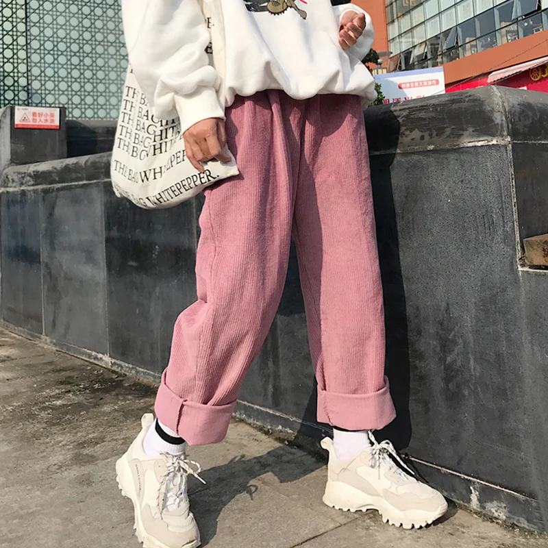 Sladko priložnostne slog korejski moda 2021 ženska oblačila harajuku ulzzang svoboden visoko pasu trdno roza velvet naravnost hlače