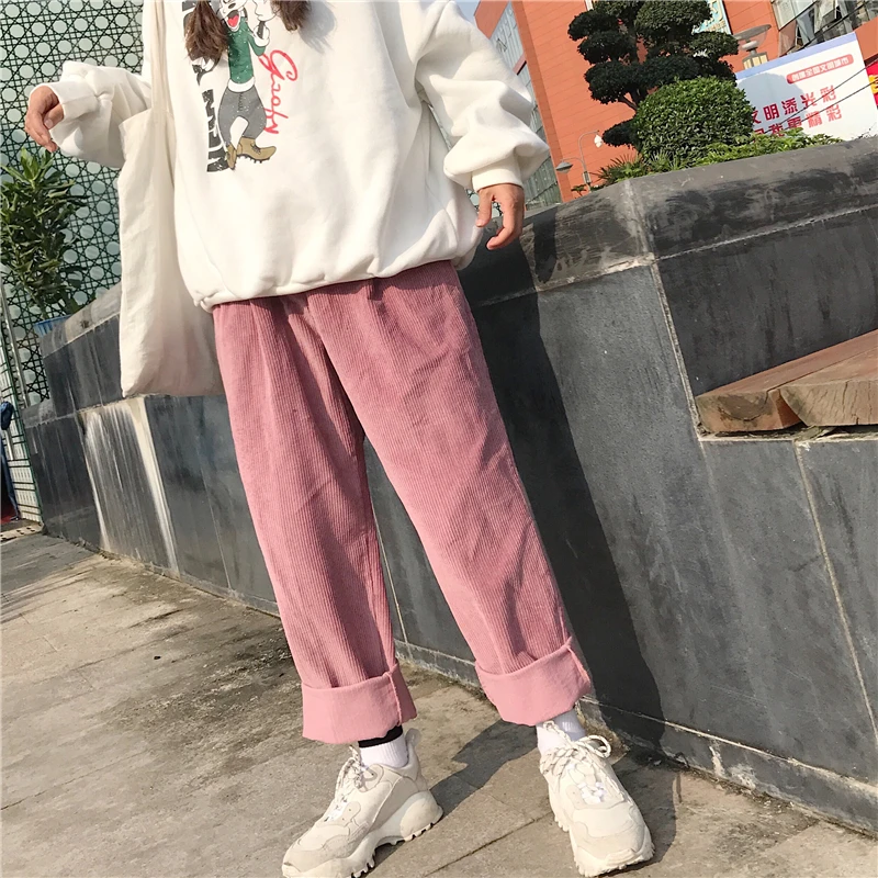 Sladko priložnostne slog korejski moda 2021 ženska oblačila harajuku ulzzang svoboden visoko pasu trdno roza velvet naravnost hlače
