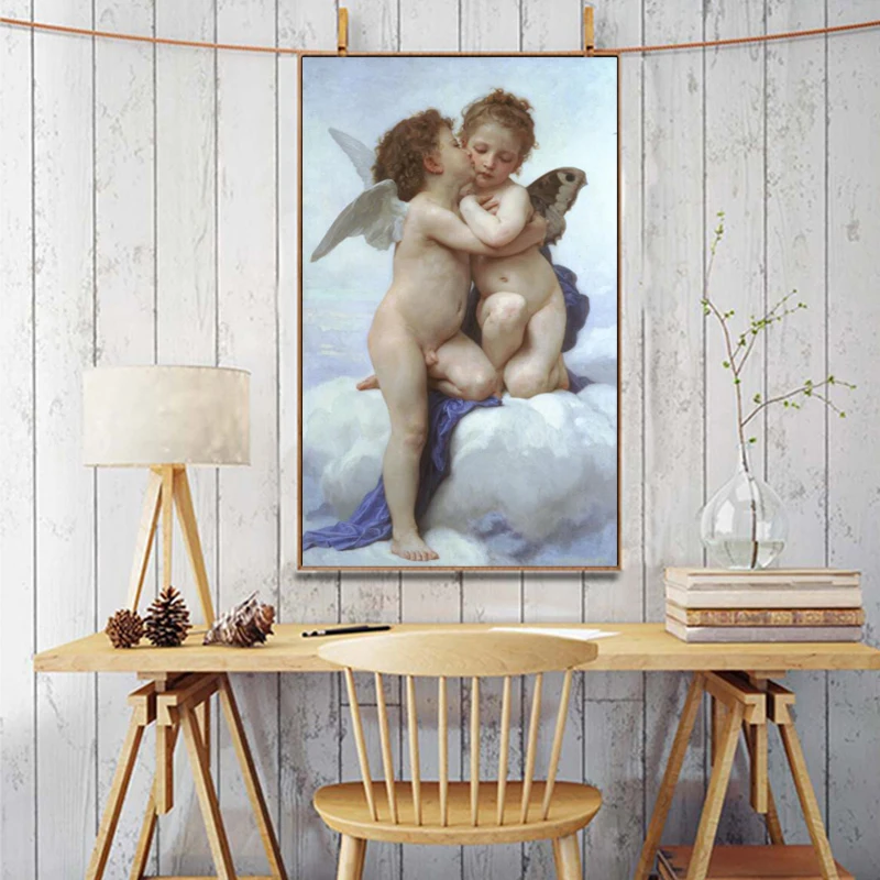 Slavni slika William Adolpha Bouguereau Prvi Poljub Plakatov in Fotografij Wall Art Platno Barvanje Slike za Dnevna Soba Dekor