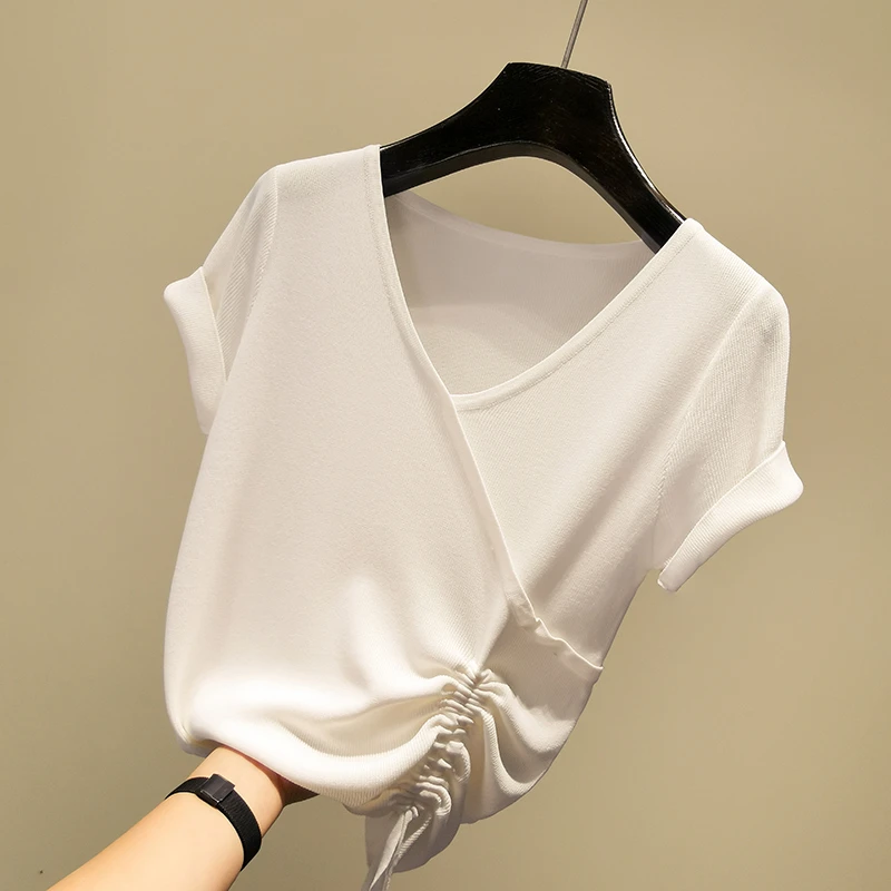 Slim Proti-vrat ledu svile kratek sleeve majica s kratkimi rokavi ženske tanko pleten tee shirt femme nezakonitih poletje vrhovi 2020 nov prihod
