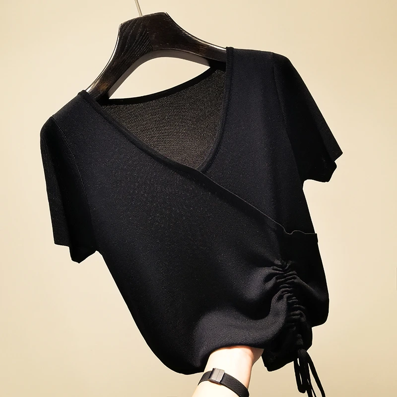 Slim Proti-vrat ledu svile kratek sleeve majica s kratkimi rokavi ženske tanko pleten tee shirt femme nezakonitih poletje vrhovi 2020 nov prihod