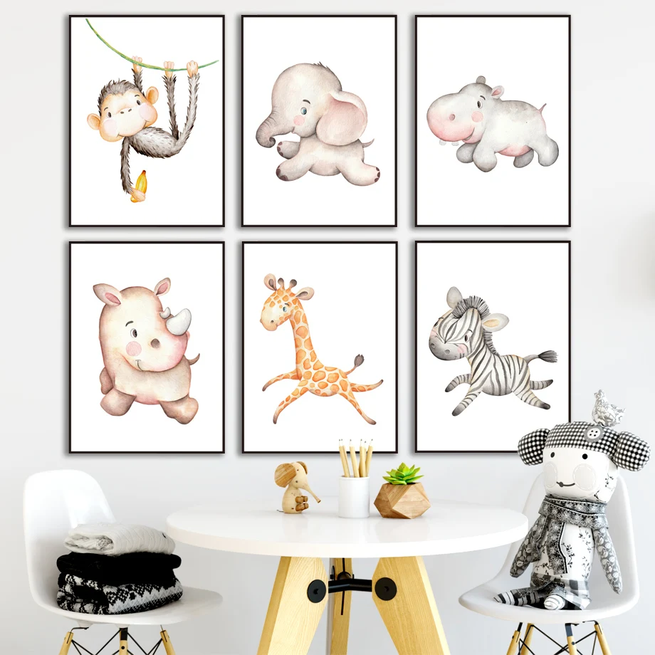 Slon, Žirafa, Lev, Zebra Opica Hippo Vrtec Wall Art Natisne Platno Slikarstvo Nordijska Plakat Stenske Slike Baby Otroci Soba Dekor