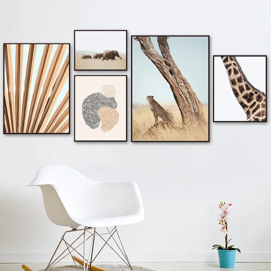 Slon, Žirafa, Zebra Pika Povzetek Listov Wall Art Platno Slikarstvo Nordijska Plakatov In Fotografij Stenske Slike Za Dnevna Soba Dekor