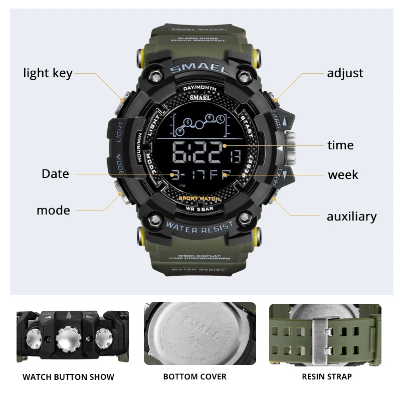 SMAEL Vojaške Športne ročne Ure Moške Alarm Nepremočljiva Watch LED osvetlitvi Šok Digitalni Ročne Relogio Masculino 1802
