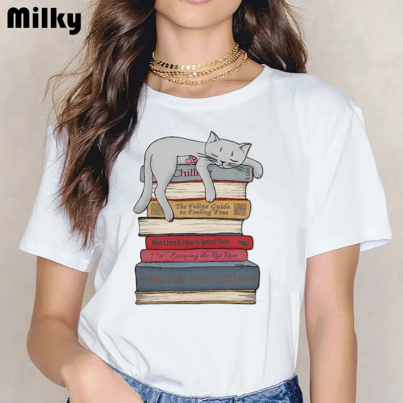 Smešno knjig in mačke/psi in čaj design Ženske obleke, 2020 t shirt femme kawaii grafični natisniti tshirt ženske tees tumblr oblačila