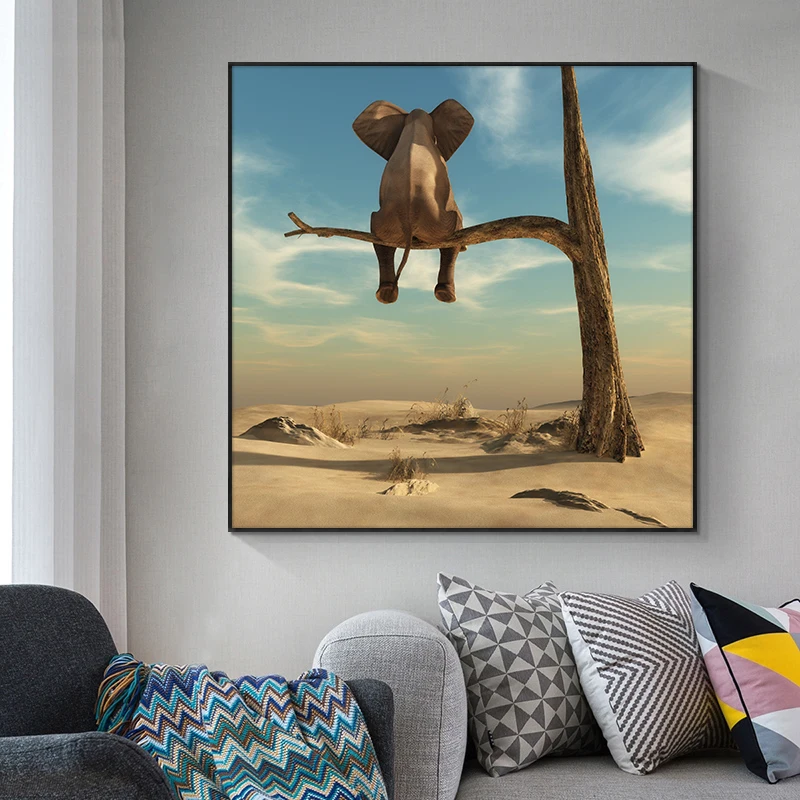Smešno Malo Slon na Drevo Sodobne Platno Stensko Slikarstvo Umetnost, Živali Slike, Nordijska Plakatov in Fotografij za Otroke Sobi Doma Dekor