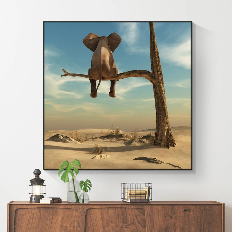 Smešno Malo Slon na Drevo Sodobne Platno Stensko Slikarstvo Umetnost, Živali Slike, Nordijska Plakatov in Fotografij za Otroke Sobi Doma Dekor