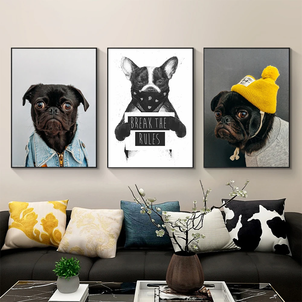 Smešno Pug Dog Vrtec Wall Art Platno Slikarstvo Nordijska Živali, Hišne živali, Psa, Plakatov in Fotografij Slike za Otroka Otroci Dnevna Soba Dekor