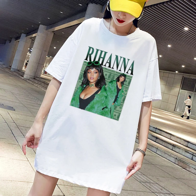 Smešno Rihanna Natisnjeni Črno Bele Žene Priložnostne Kratek Rokav O-Vratu Obleko Ženski Ulične Srčkan Svoboden Poletje Obleko
