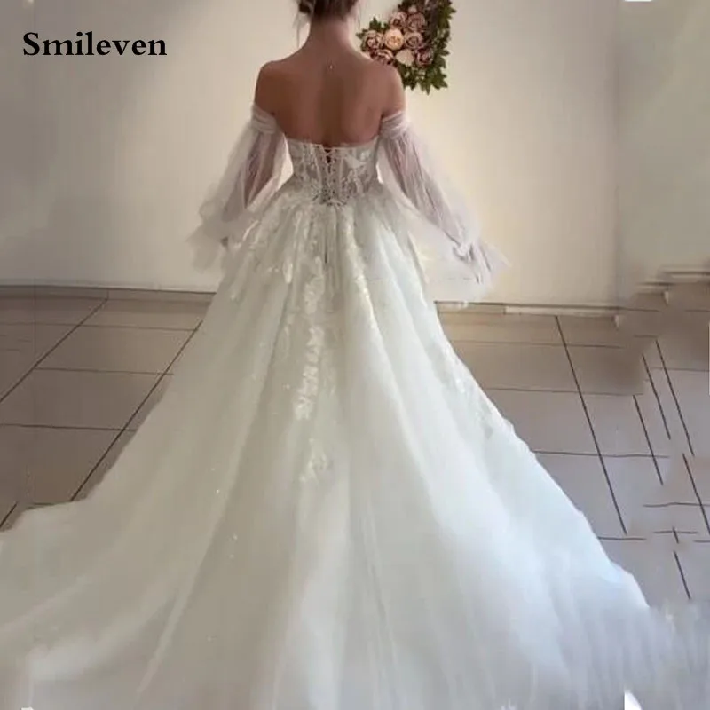 Smileven Puff Rokav Poročne Obleke Appliqued Čipke Poročne Halje 2020 Haljo De Mariee Čipke Nazaj Poročnih Oblek