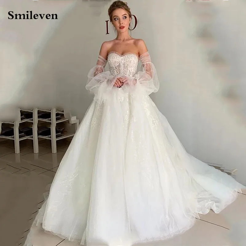 Smileven Puff Rokav Poročne Obleke Appliqued Čipke Poročne Halje 2020 Haljo De Mariee Čipke Nazaj Poročnih Oblek