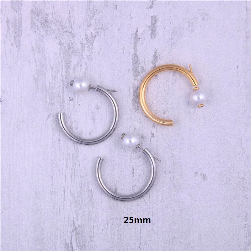 Snemljiv pearl pol hoop uhani za ženske iz nerjavečega jekla pozlačeni minimalističen C hoop uhan modni slog korejski