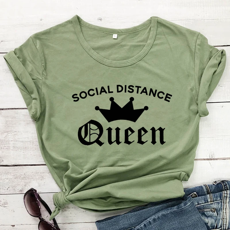 Socialna Razdalja Kraljica Čistega Bombaža T-shirt Smešno Socialne Oddaljujejo Karanteno Tshirt Priložnostne Ženske Ostanejo Doma Introvert Vrhovi Tees
