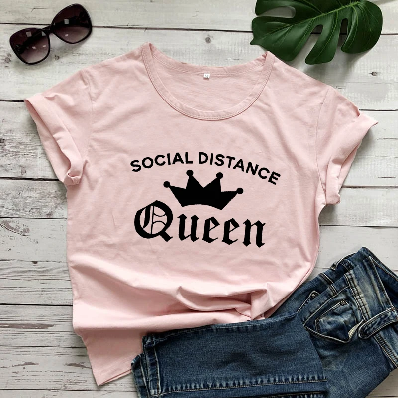 Socialna Razdalja Kraljica Čistega Bombaža T-shirt Smešno Socialne Oddaljujejo Karanteno Tshirt Priložnostne Ženske Ostanejo Doma Introvert Vrhovi Tees