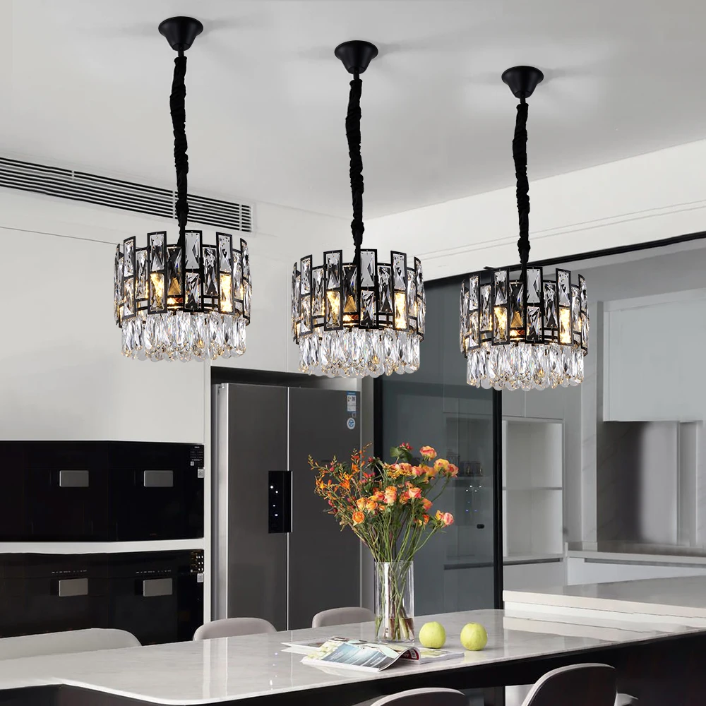 Sodobna black luster svetila za jedilnico luksuzni kuhinja otok kristalno verige lestenci doma dekoracijo cristal keramiko