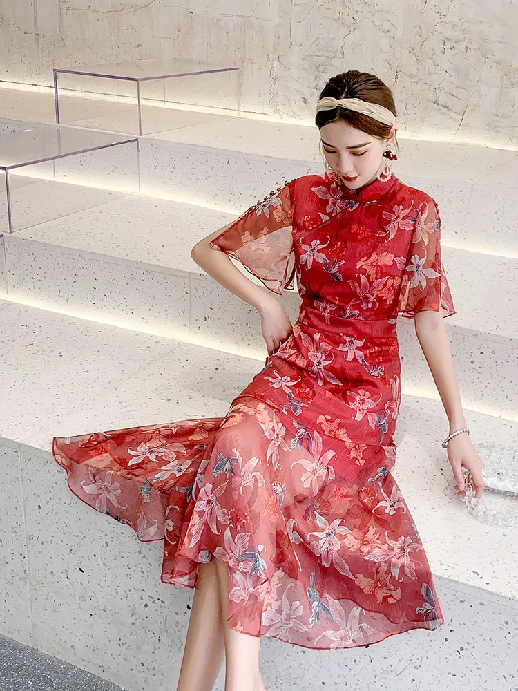 Sodobna Cheongsam Mlado Dekle Elegantno Dolgo Letnik ženska Oblačila Temperament Spremenjeno Različico Kitajski Stil Oblačenja
