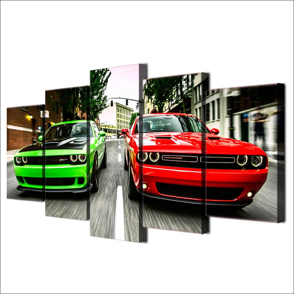 Sodobne HD Natisnjeni Slikarsko Platno Doma Dekor 5 Kosov Challenger Zeleno Rdeče Avtomobile Krajine Poster Frame Wall Art Slike PENGDA