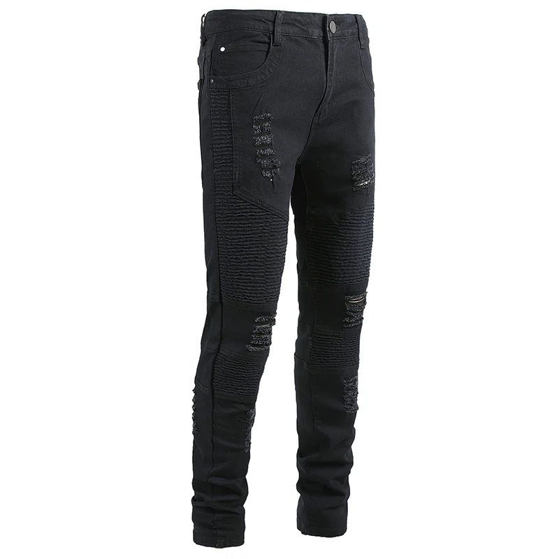 Sokotoo Moške črne luknje raztrgala biker jeans za motorno kolo Plus velikosti vitek, suh naravnost stretch traper hlače