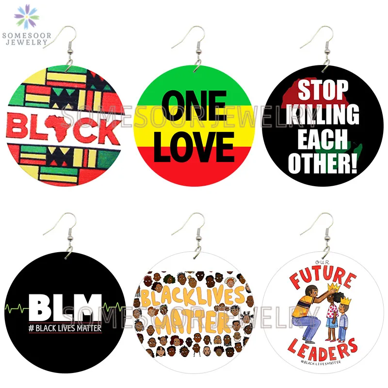 SOMESOOR Afriške Barve, Ena Ljubezen Black Življenja Važno Modelov Natisnjeni Lesene Spusti Uhani Navdih Izrekov Zank Za Ženske, Darila
