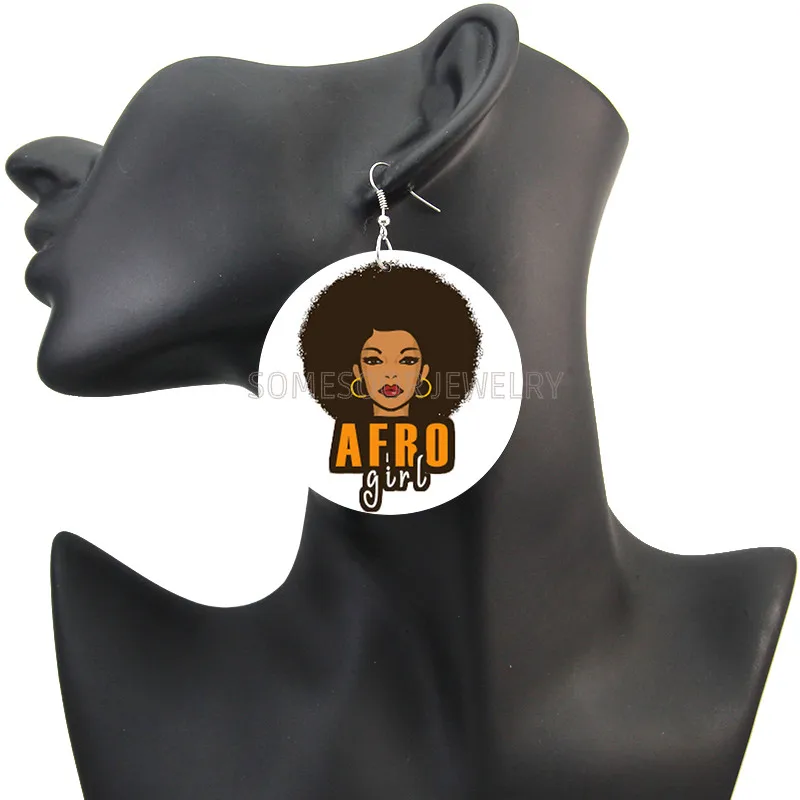 SOMESOOR obojestransko Tiskanje Lepa Afro Dekle Suga Babe Afriški Spusti Leseno Uhani Črna Boginja Melanin Nakit Za Ženske