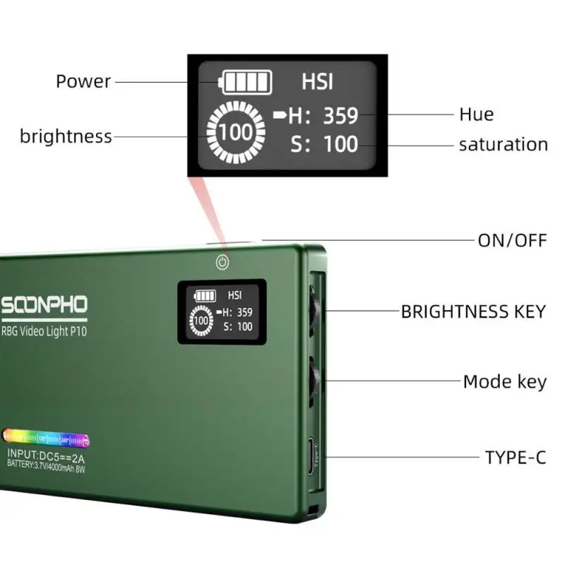 Soonpho P10 Vgrajeno baterijo Polno Barvo Photoraphy Video Light Kit Zatemniti 4000 mah 8W 2500K-8500K ro s koncesijo, 95+ RGB LED Video Luč