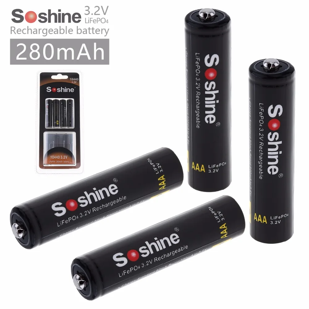 Soshine 4pcs 10440 280mAh 3.2 V LiFePO4 Polnilna Baterija AAA 3A Bateria +ležišče Baterije Primeru Polje z 2pcs Priključki Baterije
