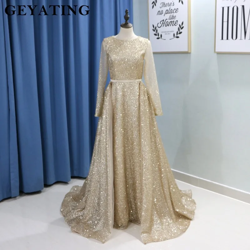 Sparkle Sequins Zlato Dolge Rokave Dubaj Večerno Obleko 2020 Elegantno arabsko Muslimanskih Žensk Formalno Prom Obleke s Snemljivo Vlak