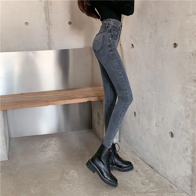 Spomladi Leta 2020 Visoko Pasu Svinčnik Denim Kavbojke Ženske Gumbi Sivo Črne Skinny Jeans Femme Hlače Slim Kavbojke Ulične Traper Hlače
