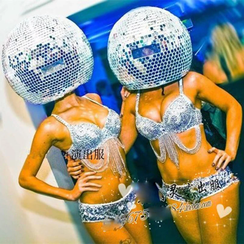Srebro prihodnje tehnologije nočni klub bar ds GOGO stekleno kroglo ogledalo čelada bikini kopalke