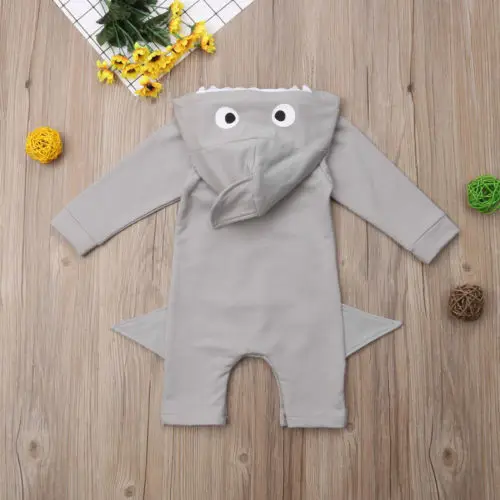 Srčkan Newborn Baby Boy 3D Shark Hooded Dolg Rokav Obleka, Jumpsuit Obleke, Oblačila, Velikost 0-24M