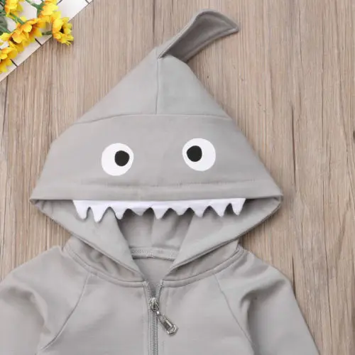 Srčkan Newborn Baby Boy 3D Shark Hooded Dolg Rokav Obleka, Jumpsuit Obleke, Oblačila, Velikost 0-24M