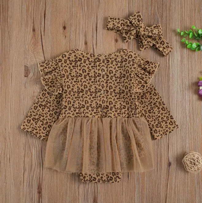 Srčkan Newborn Baby Dekleta Leopard Tiskanja Dolge Čipke Rokav Preja Krilo Igralne Obleke Hairband Otroška Oblačila