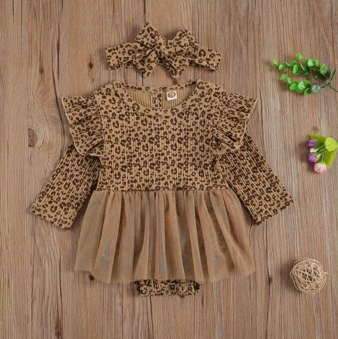 Srčkan Newborn Baby Dekleta Leopard Tiskanja Dolge Čipke Rokav Preja Krilo Igralne Obleke Hairband Otroška Oblačila
